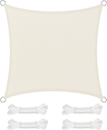 SONGMICS Vela de Sombra de 5 x 5 m, Tejido HDPE de Protección Solar, Transpirable, Permeable al Agua, Terraza, Jardín, Balcón, Camping, Cuadrada, Cóncava, Cuerdas de 2 m, Beige GSS55IV